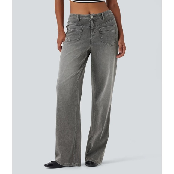 HALARA Denim - New Halara Flex Mid Rise Straight Leg Casual Jeans Pockets Gray Large Soft Denim